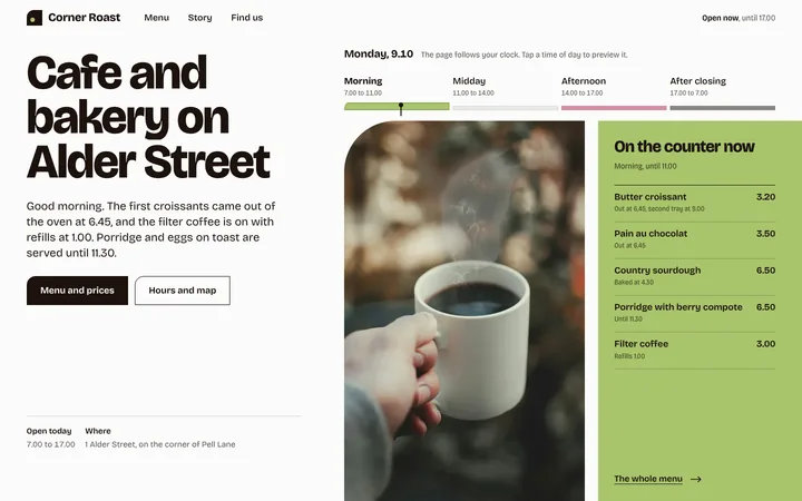 Home page of the Corner Roast example site