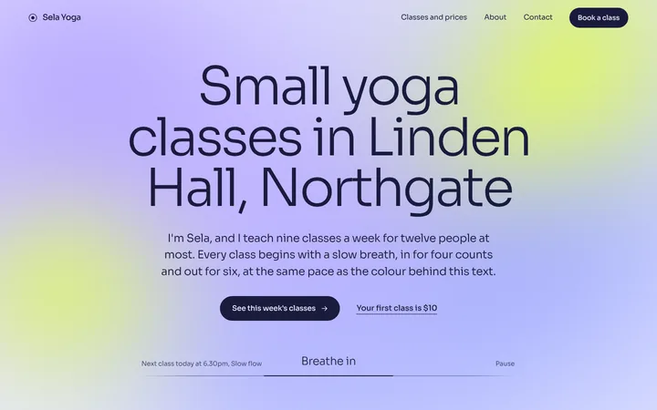Home page of the Sela Yoga example site
