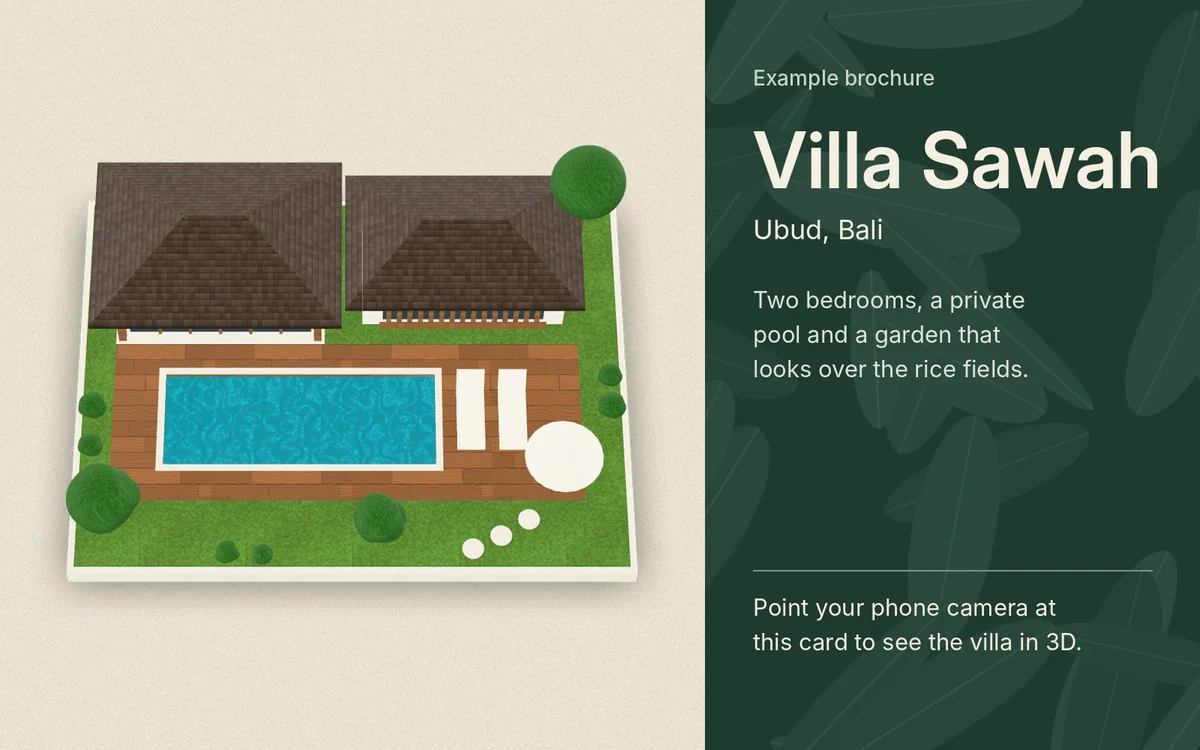 An example brochure card for Villa Sawah, with a drawing of the villa from above